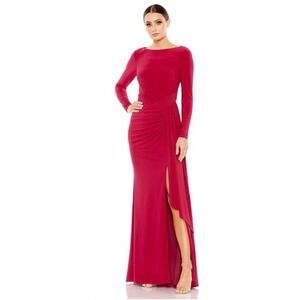 Ieena Mac Duggal Long Sleeve Formal Dress 18 Brick Red Ruched Draped Slit 26714